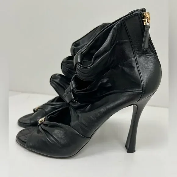 Chanel Ruched Open Toe Leather Camellia Booties Black - Picture 2 of 5